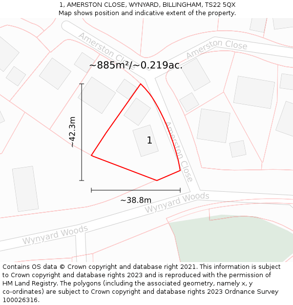 1, AMERSTON CLOSE, WYNYARD, BILLINGHAM, TS22 5QX: Plot and title map