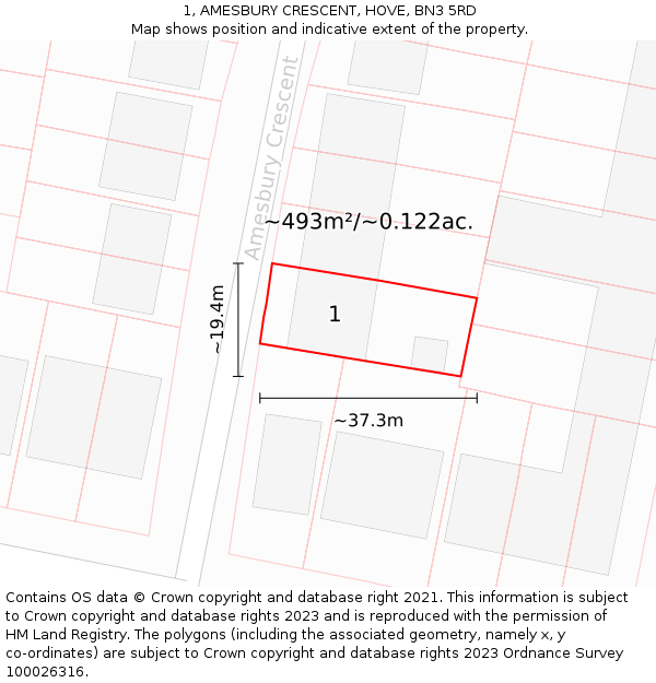 1, AMESBURY CRESCENT, HOVE, BN3 5RD: Plot and title map