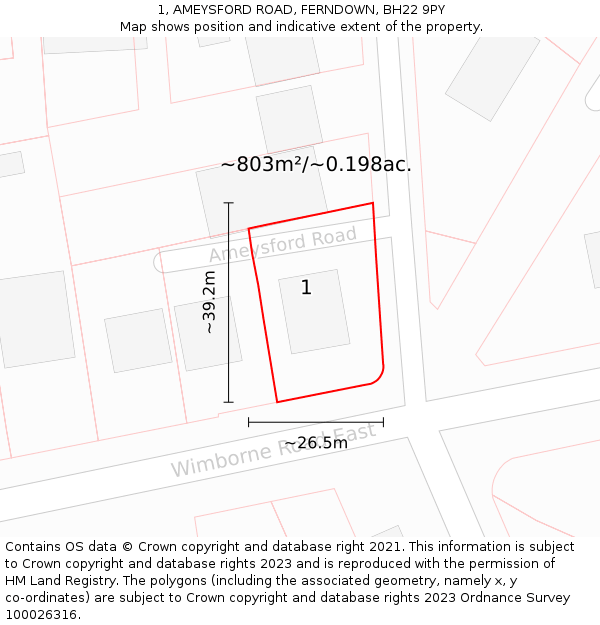 1, AMEYSFORD ROAD, FERNDOWN, BH22 9PY: Plot and title map