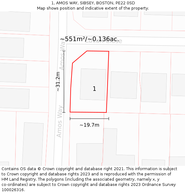 1, AMOS WAY, SIBSEY, BOSTON, PE22 0SD: Plot and title map