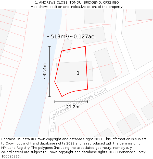 1, ANDREWS CLOSE, TONDU, BRIDGEND, CF32 9EQ: Plot and title map