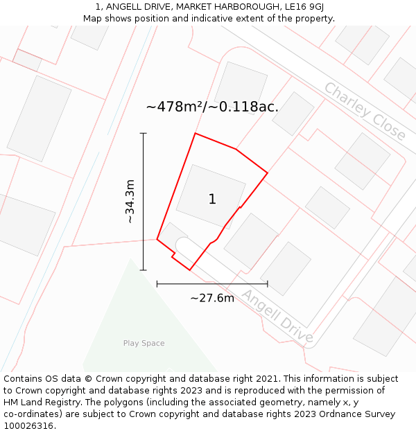 1, ANGELL DRIVE, MARKET HARBOROUGH, LE16 9GJ: Plot and title map