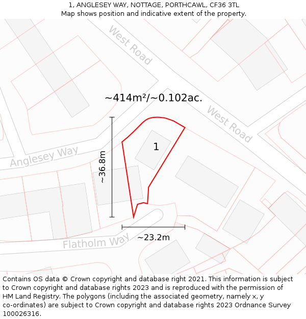 1, ANGLESEY WAY, NOTTAGE, PORTHCAWL, CF36 3TL: Plot and title map