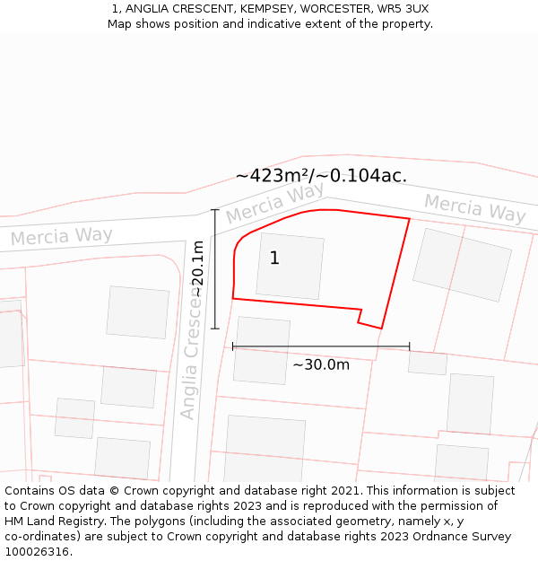 1, ANGLIA CRESCENT, KEMPSEY, WORCESTER, WR5 3UX: Plot and title map