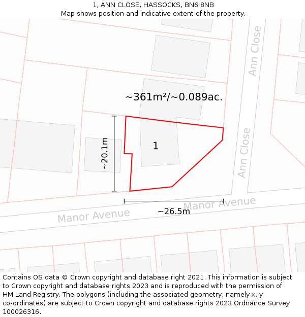 1, ANN CLOSE, HASSOCKS, BN6 8NB: Plot and title map
