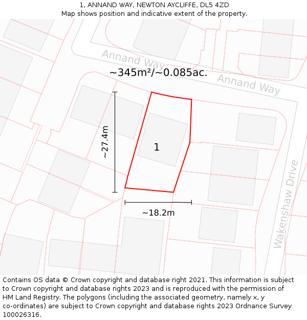 1, ANNAND WAY, NEWTON AYCLIFFE, DL5 4ZD: Plot and title map