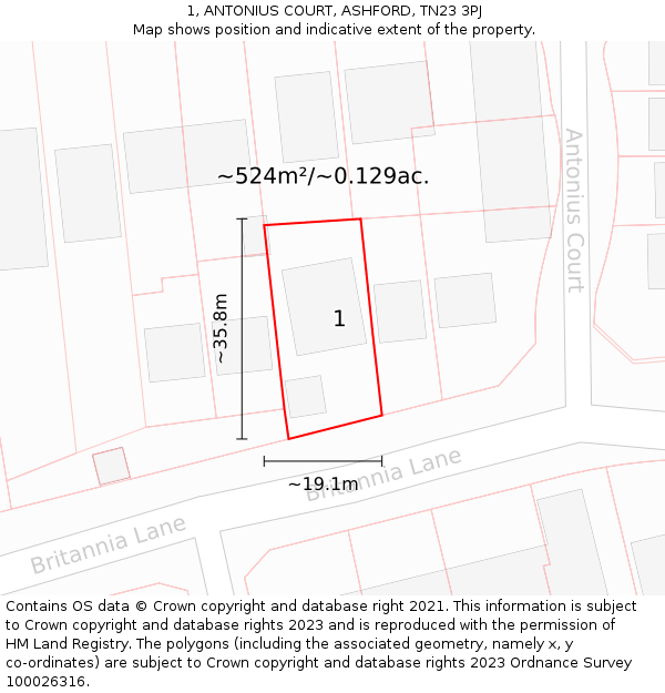 1, ANTONIUS COURT, ASHFORD, TN23 3PJ: Plot and title map