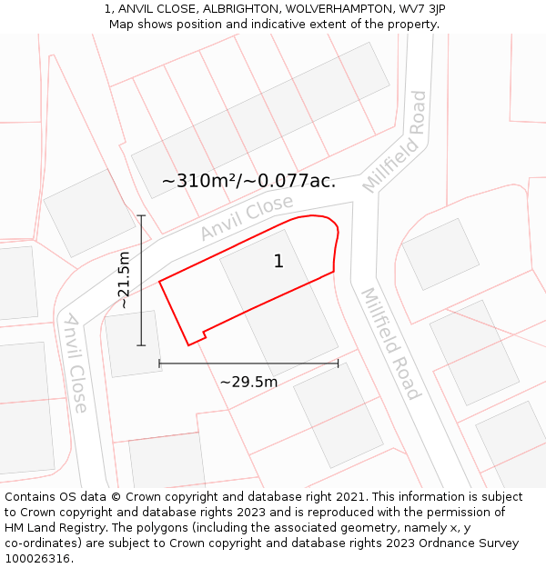 1, ANVIL CLOSE, ALBRIGHTON, WOLVERHAMPTON, WV7 3JP: Plot and title map