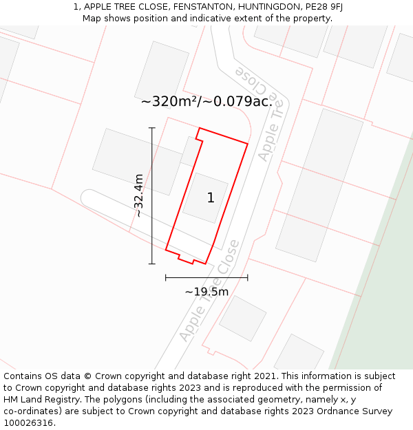 1, APPLE TREE CLOSE, FENSTANTON, HUNTINGDON, PE28 9FJ: Plot and title map