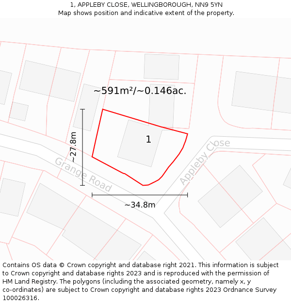 1, APPLEBY CLOSE, WELLINGBOROUGH, NN9 5YN: Plot and title map