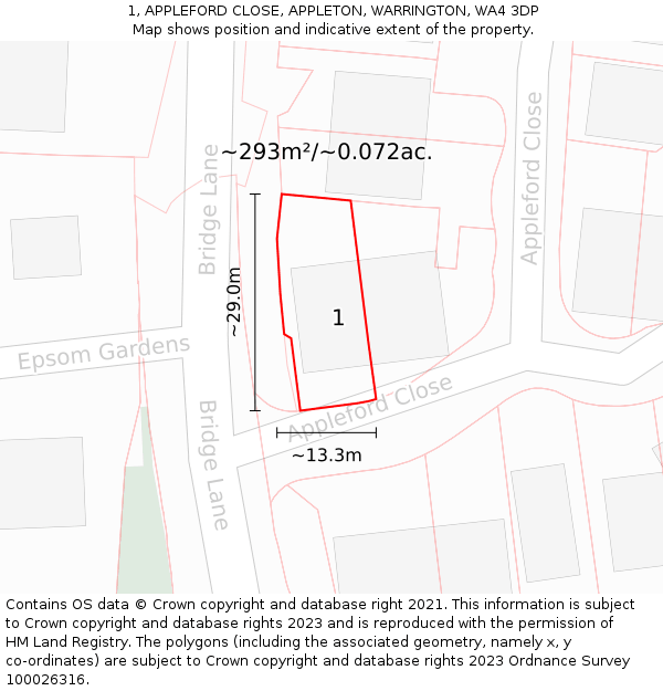 1, APPLEFORD CLOSE, APPLETON, WARRINGTON, WA4 3DP: Plot and title map