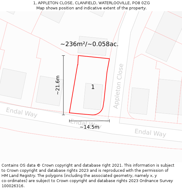 1, APPLETON CLOSE, CLANFIELD, WATERLOOVILLE, PO8 0ZG: Plot and title map