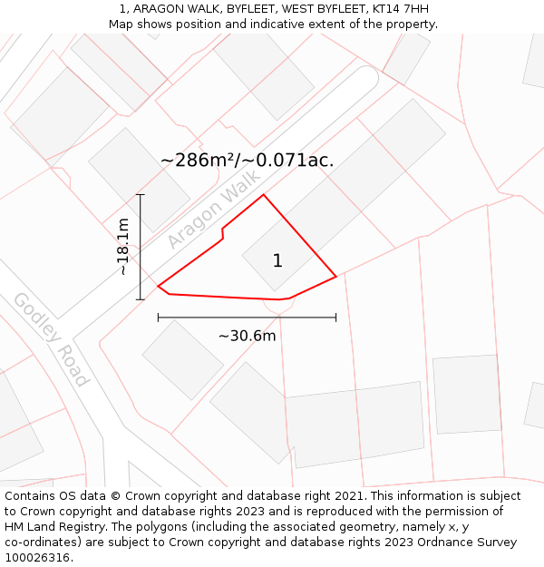 1, ARAGON WALK, BYFLEET, WEST BYFLEET, KT14 7HH: Plot and title map