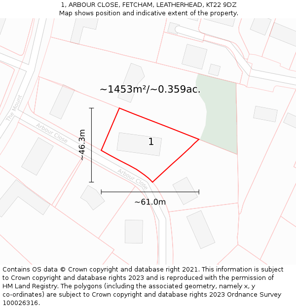 1, ARBOUR CLOSE, FETCHAM, LEATHERHEAD, KT22 9DZ: Plot and title map