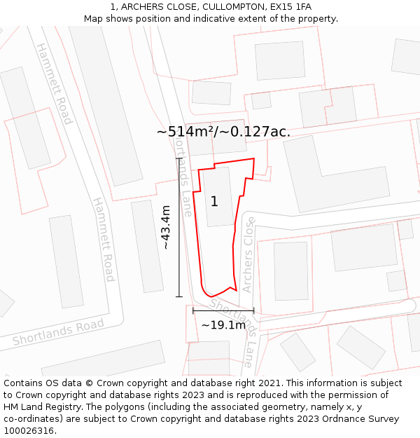 1, ARCHERS CLOSE, CULLOMPTON, EX15 1FA: Plot and title map