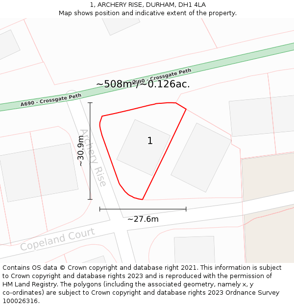 1, ARCHERY RISE, DURHAM, DH1 4LA: Plot and title map