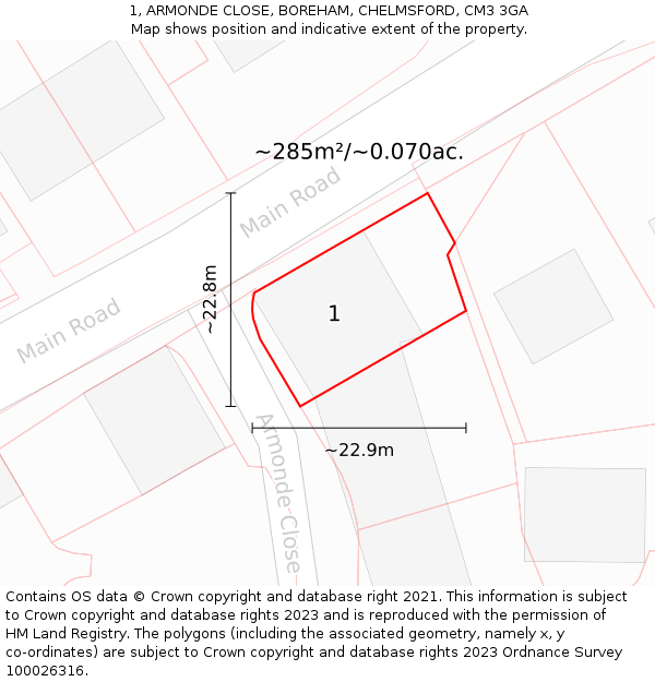 1, ARMONDE CLOSE, BOREHAM, CHELMSFORD, CM3 3GA: Plot and title map
