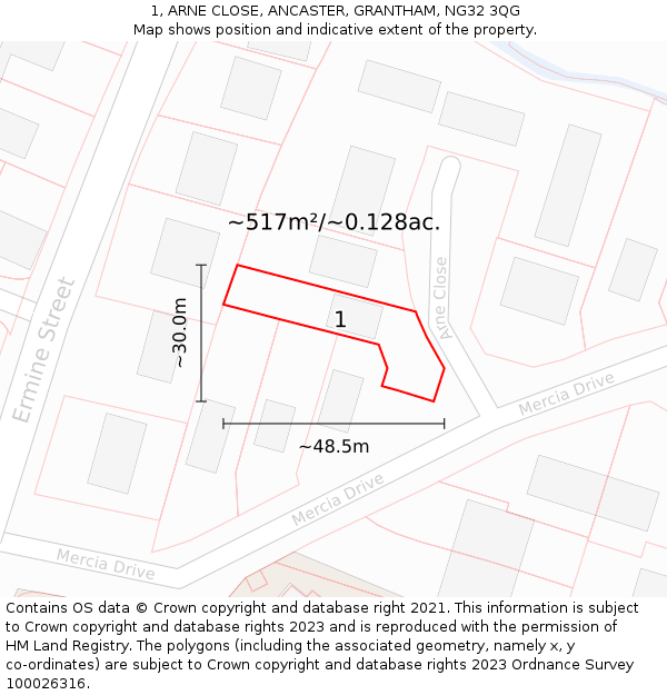 1, ARNE CLOSE, ANCASTER, GRANTHAM, NG32 3QG: Plot and title map