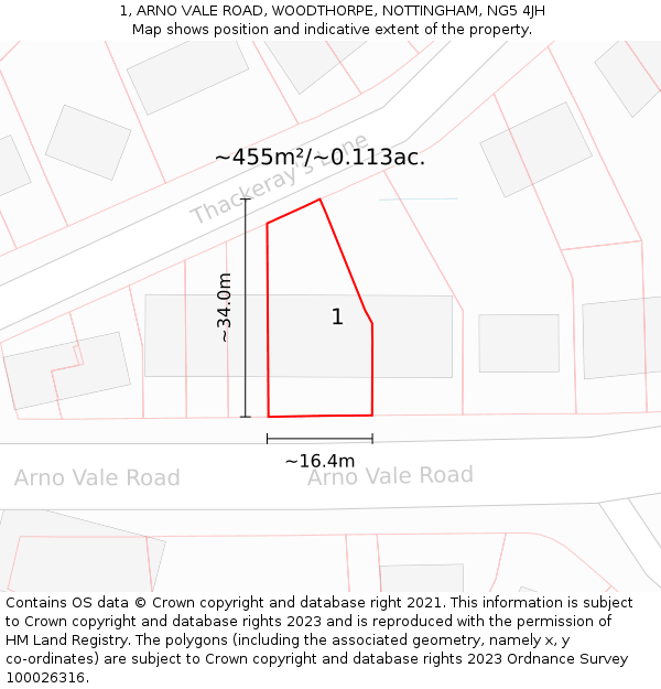 1, ARNO VALE ROAD, WOODTHORPE, NOTTINGHAM, NG5 4JH: Plot and title map