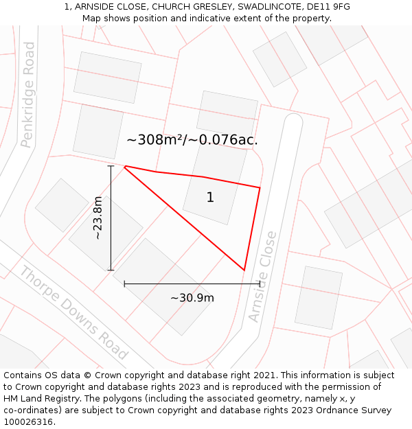 1, ARNSIDE CLOSE, CHURCH GRESLEY, SWADLINCOTE, DE11 9FG: Plot and title map