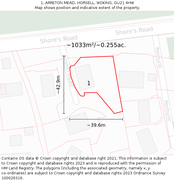 1, ARRETON MEAD, HORSELL, WOKING, GU21 4HW: Plot and title map