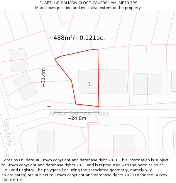 1, ARTHUR SALMON CLOSE, FAVERSHAM, ME13 7PS: Plot and title map