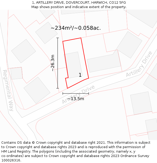 1, ARTILLERY DRIVE, DOVERCOURT, HARWICH, CO12 5FG: Plot and title map