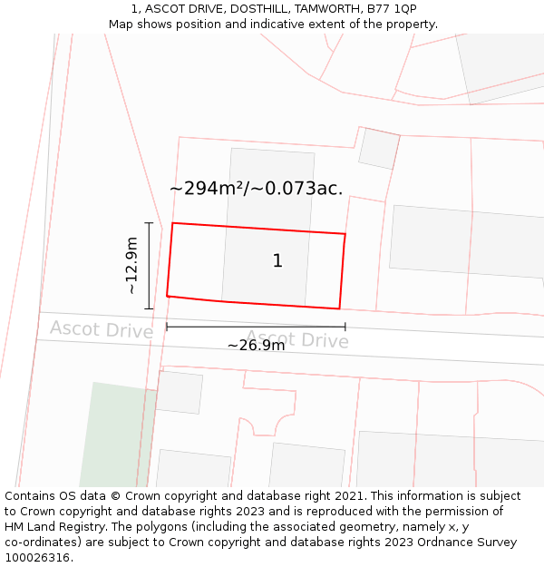 1, ASCOT DRIVE, DOSTHILL, TAMWORTH, B77 1QP: Plot and title map