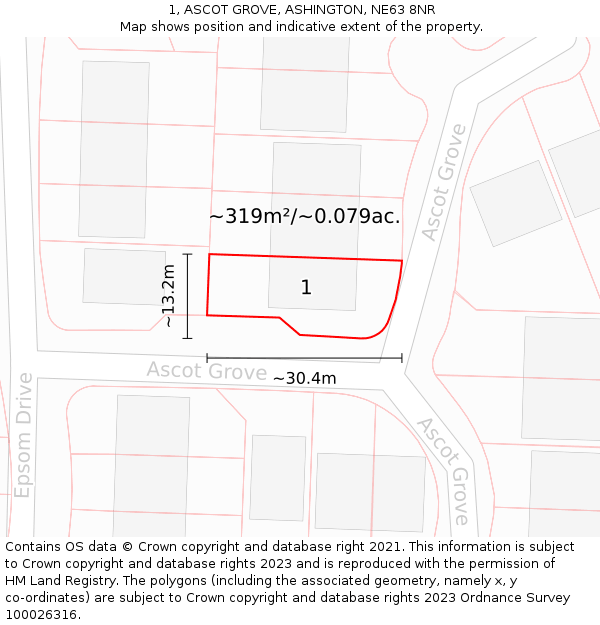 1, ASCOT GROVE, ASHINGTON, NE63 8NR: Plot and title map