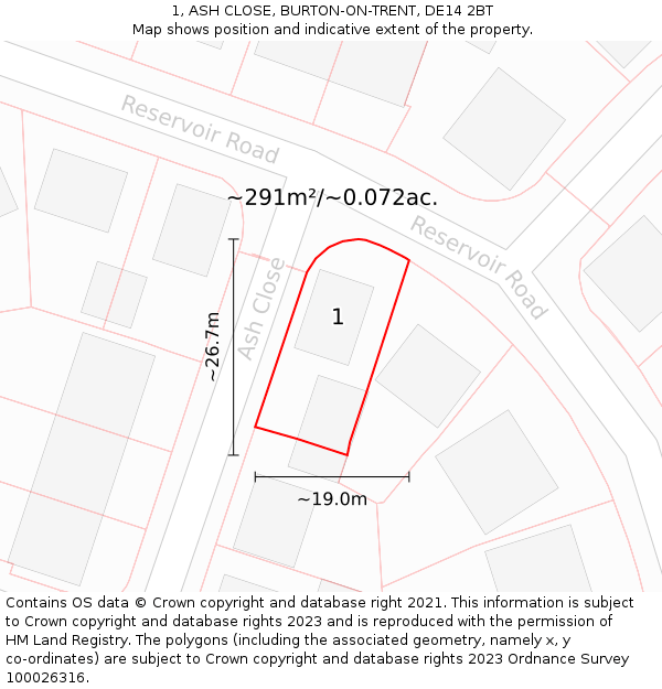 1, ASH CLOSE, BURTON-ON-TRENT, DE14 2BT: Plot and title map