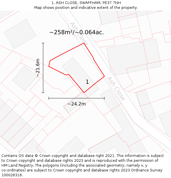 1, ASH CLOSE, SWAFFHAM, PE37 7NH: Plot and title map