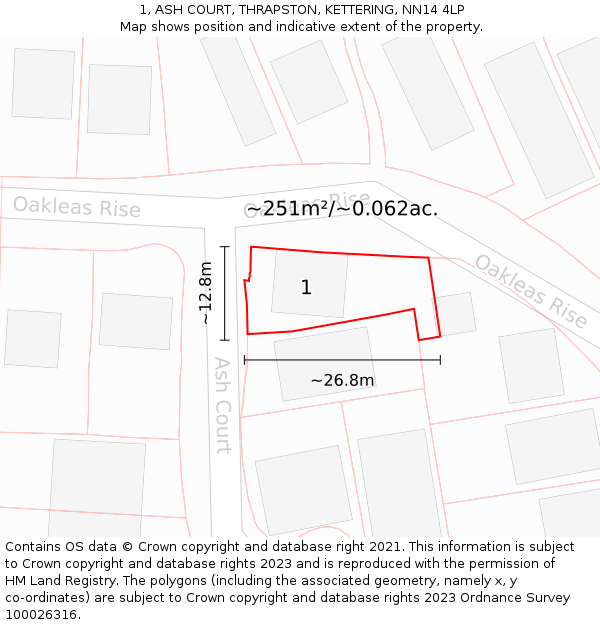 1, ASH COURT, THRAPSTON, KETTERING, NN14 4LP: Plot and title map