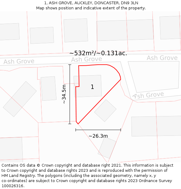 1, ASH GROVE, AUCKLEY, DONCASTER, DN9 3LN: Plot and title map