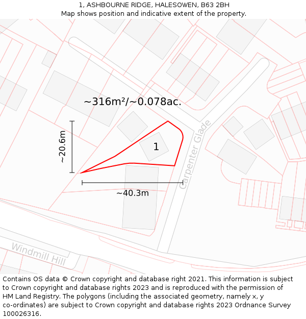 1, ASHBOURNE RIDGE, HALESOWEN, B63 2BH: Plot and title map