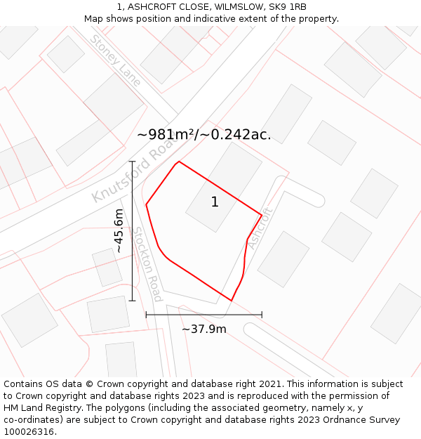 1, ASHCROFT CLOSE, WILMSLOW, SK9 1RB: Plot and title map