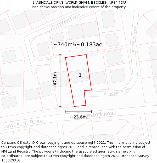 1, ASHDALE DRIVE, WORLINGHAM, BECCLES, NR34 7DU: Plot and title map