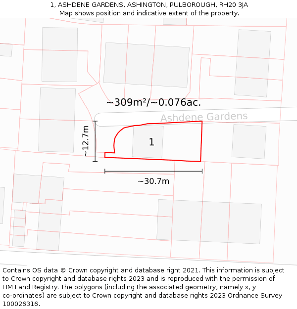 1, ASHDENE GARDENS, ASHINGTON, PULBOROUGH, RH20 3JA: Plot and title map