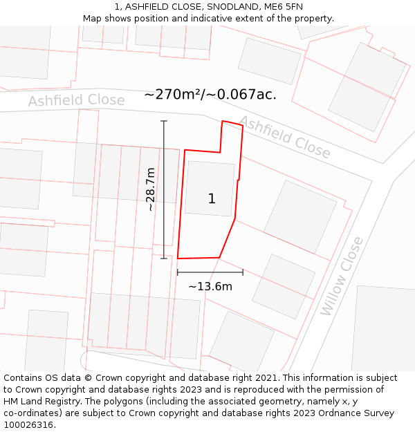 1, ASHFIELD CLOSE, SNODLAND, ME6 5FN: Plot and title map