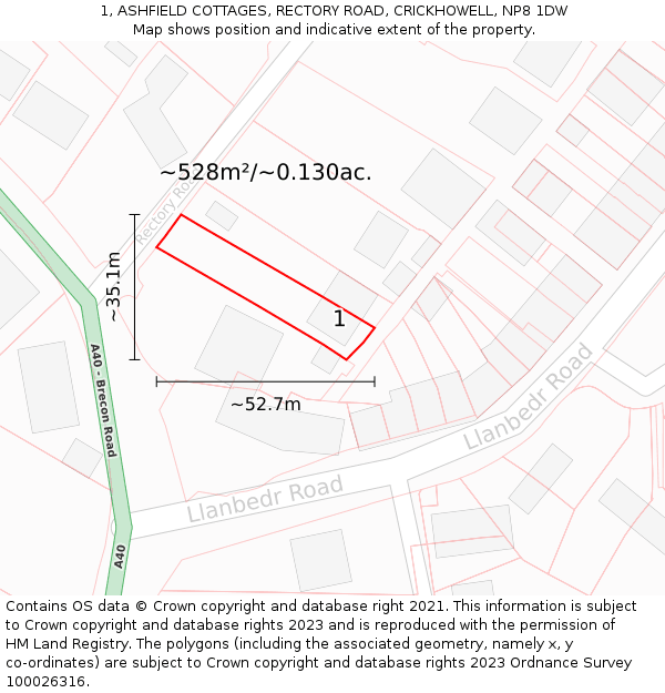 1, ASHFIELD COTTAGES, RECTORY ROAD, CRICKHOWELL, NP8 1DW: Plot and title map