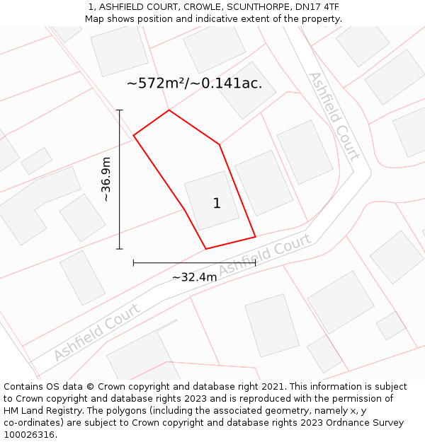 1, ASHFIELD COURT, CROWLE, SCUNTHORPE, DN17 4TF: Plot and title map