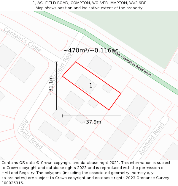 1, ASHFIELD ROAD, COMPTON, WOLVERHAMPTON, WV3 9DP: Plot and title map