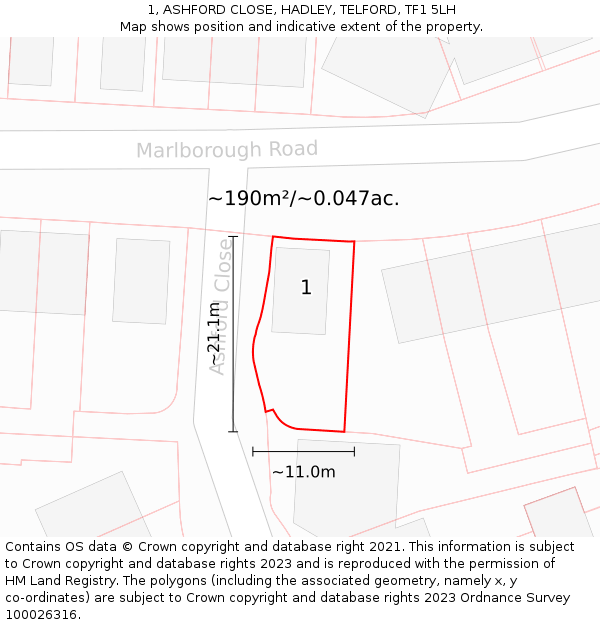 1, ASHFORD CLOSE, HADLEY, TELFORD, TF1 5LH: Plot and title map