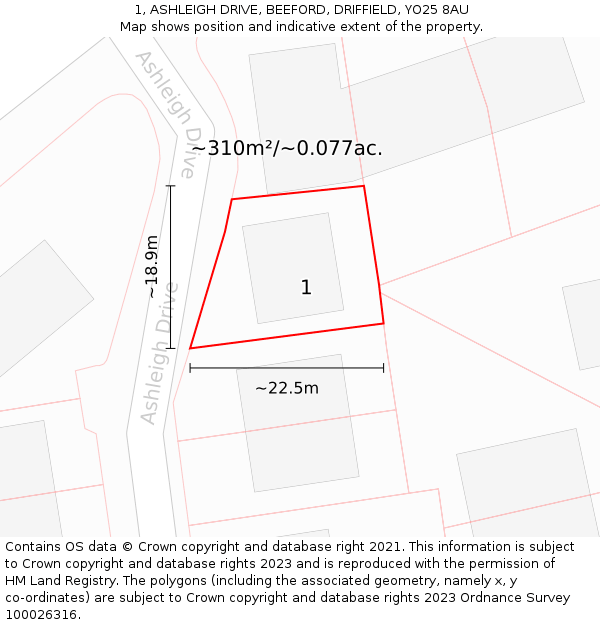 1, ASHLEIGH DRIVE, BEEFORD, DRIFFIELD, YO25 8AU: Plot and title map