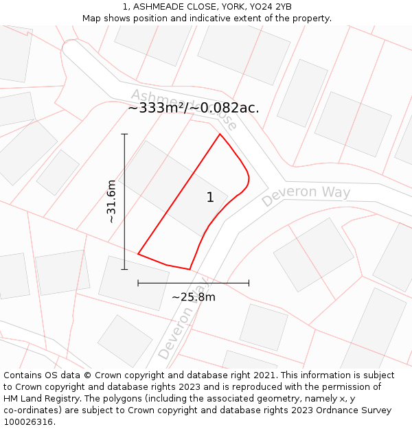 1, ASHMEADE CLOSE, YORK, YO24 2YB: Plot and title map