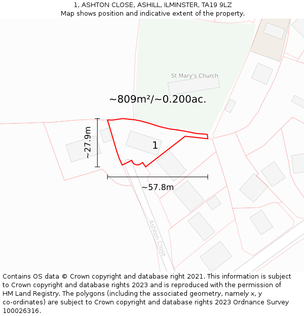 1, ASHTON CLOSE, ASHILL, ILMINSTER, TA19 9LZ: Plot and title map