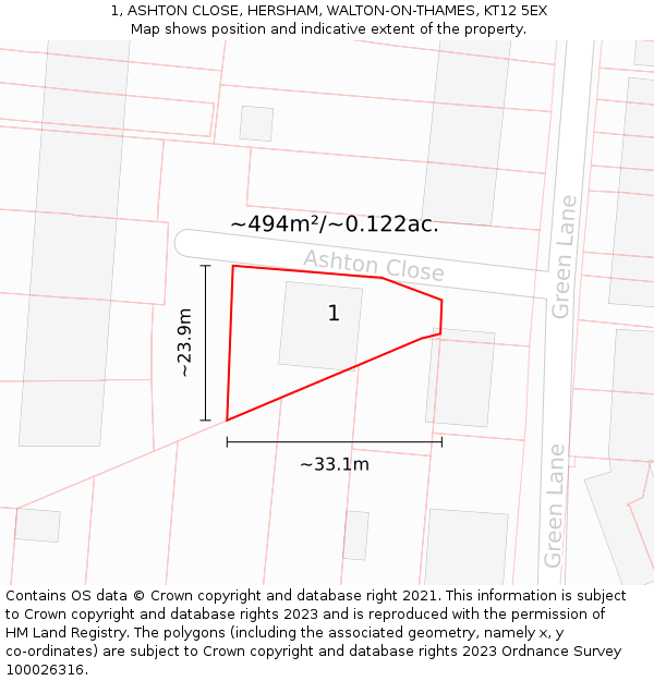 1, ASHTON CLOSE, HERSHAM, WALTON-ON-THAMES, KT12 5EX: Plot and title map