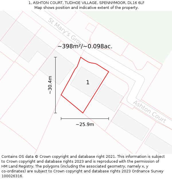 1, ASHTON COURT, TUDHOE VILLAGE, SPENNYMOOR, DL16 6LF: Plot and title map