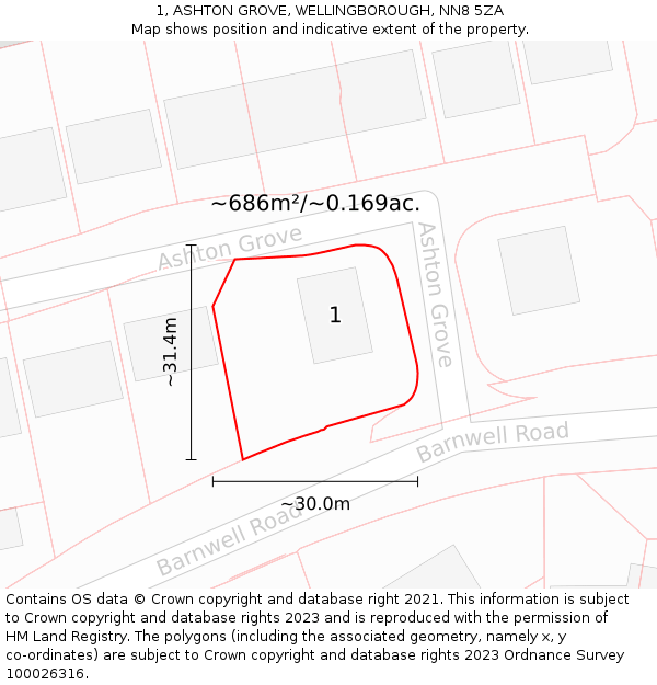 1, ASHTON GROVE, WELLINGBOROUGH, NN8 5ZA: Plot and title map