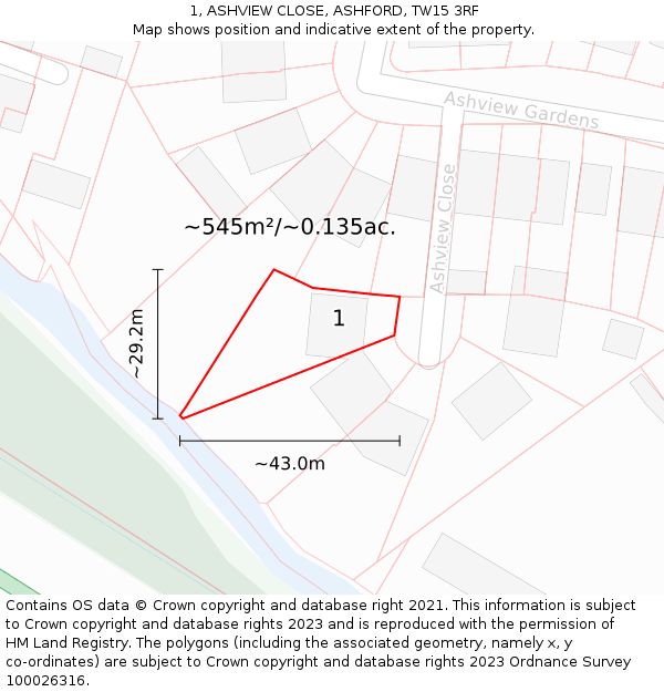 1, ASHVIEW CLOSE, ASHFORD, TW15 3RF: Plot and title map