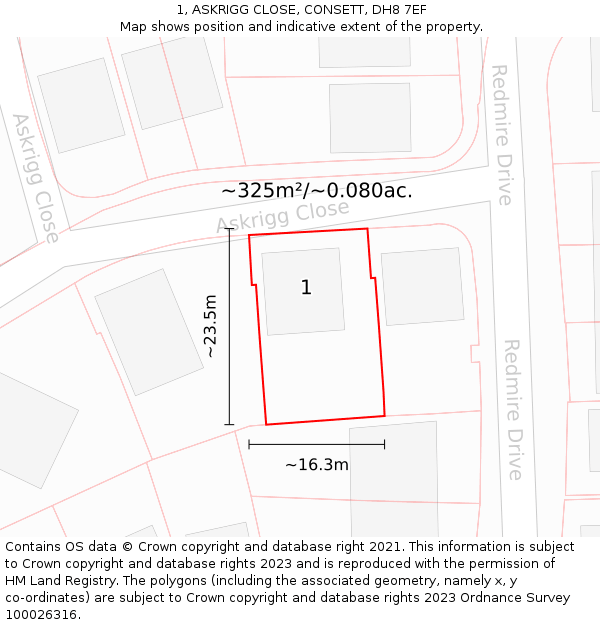 1, ASKRIGG CLOSE, CONSETT, DH8 7EF: Plot and title map